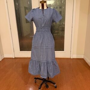 French Connection Chambray 100% Cotton Maxi Dress Size XS Blue Tiered Prairie